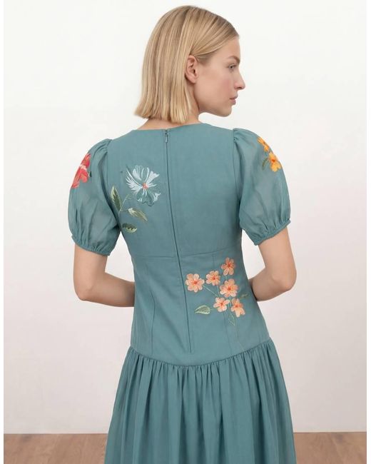 Maya Blue Floral Embroidered Dropped Waist Midaxi Dress