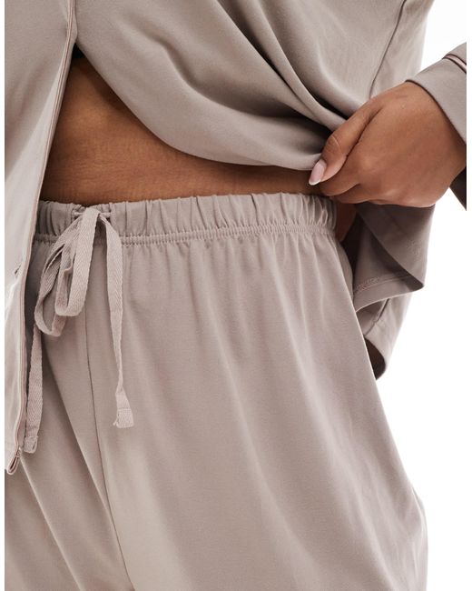 Loungeable Gray Curve Super Soft Jersey Camp Collar Top And Wide Leg Pants Pajama Set With Piping Detail