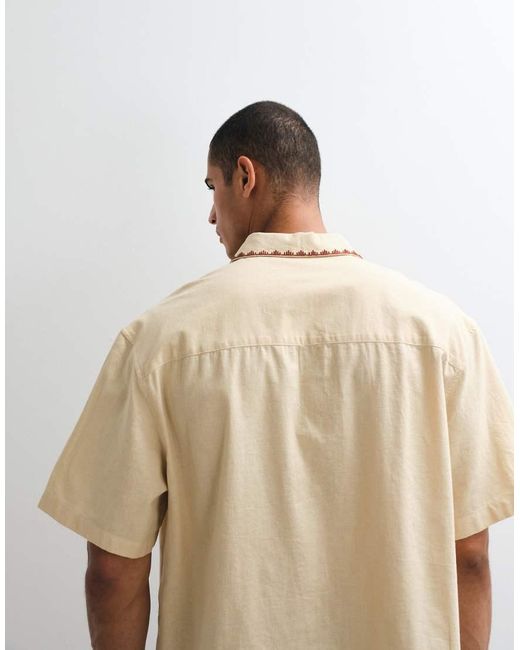 ASOS Natural Boxy Oversized Shirt With Linen And Embroidery for men