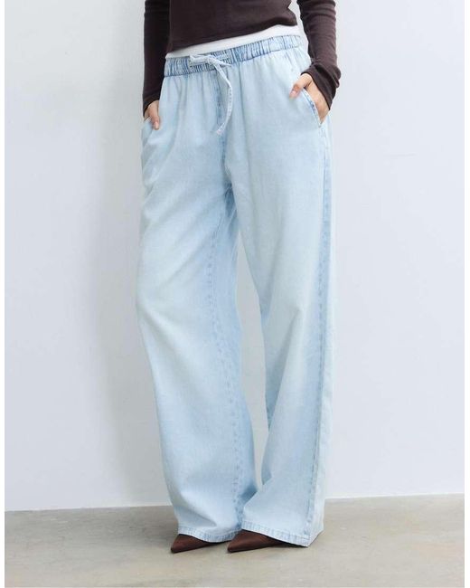 Stradivarius Blue Flowy Denim Trousers With Drawstring