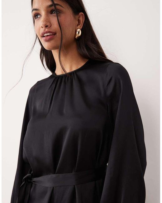 Vila Black Balloon Sleeve Satin Tie Waist Mini Dress