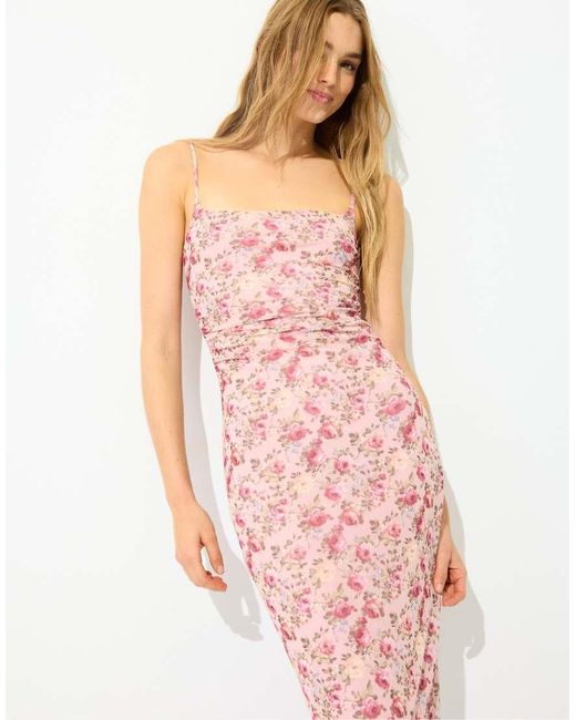 Stradivarius Pink Printed Fitted Midi Dress