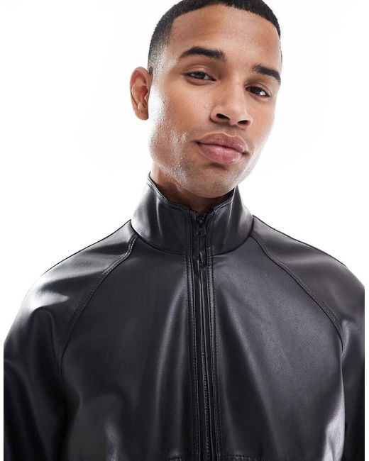 ASOS Blue Faux Leather Bomber Jacket With Funnel Neck for men