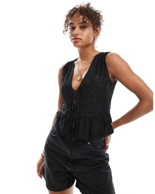 Miss Selfridge Black Lace Sleeveless Tie Front Top