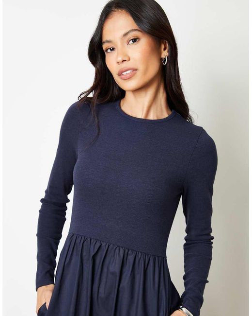 Threadbare Blue Rib Jersey 2-In-1 Midi Dress With Poplin Skirt