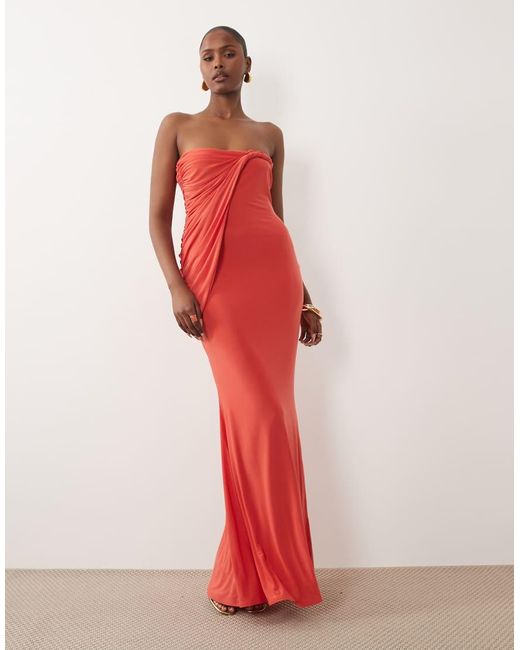 ASOS Red Bandeau Slinky Maxi Dress With Draped Twist Neckline