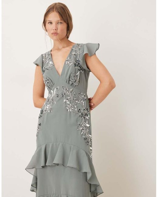 Maya White Embellished V Neck Ruffle Maxi Dress