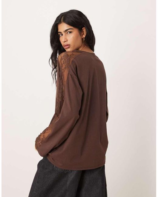 ASOS Brown Long Sleeve Oversized Top With Lace Trim Detail