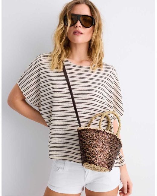 Stradivarius Brown Mini Sequinned Basket Bag
