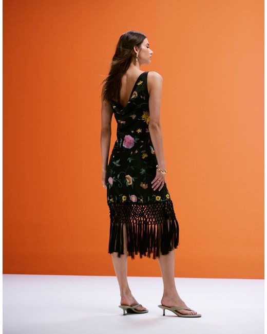 Robe courte brodée à dos bénitier et ourlet à franges ASOS en coloris Orange