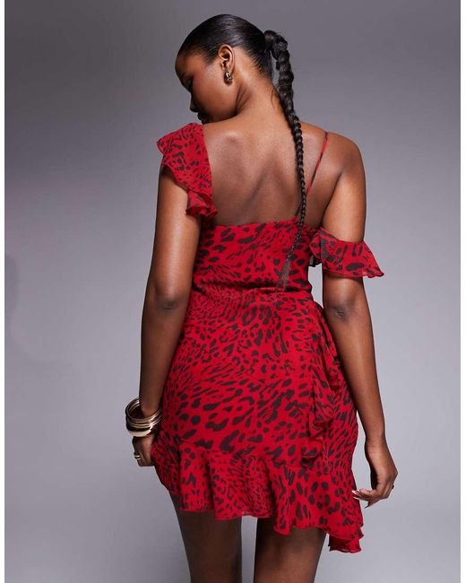 I.AM.GIA Red Julietta Georgette Chiffon Ruffle Detail Asymmetric Hem Mini Dress