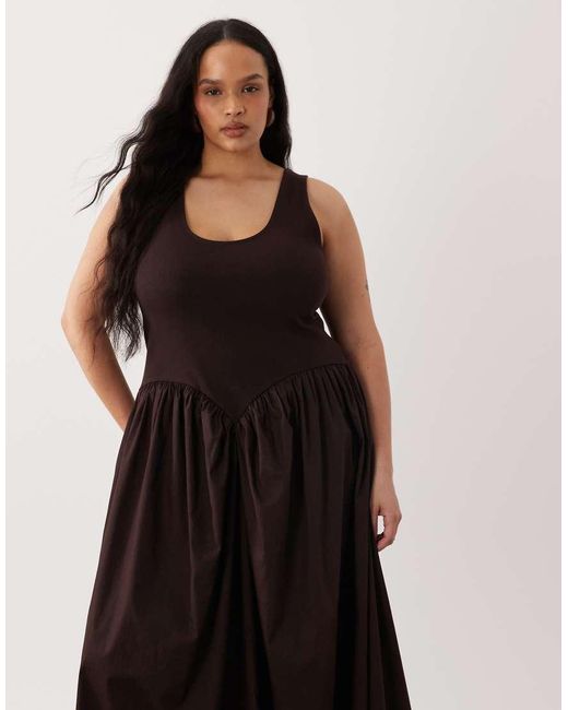 ASOS Black Asos Design Curve Basque Waist Midi Dress With Woven Skirt