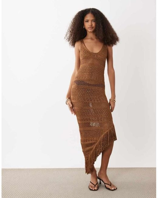 River Island Brown Metallic Fringed Asymmetric Knitted Midi Dress