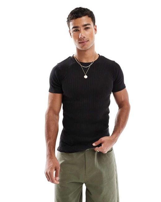 Jack & Jones Black Muscle Fit Ribbed T-shirt for men