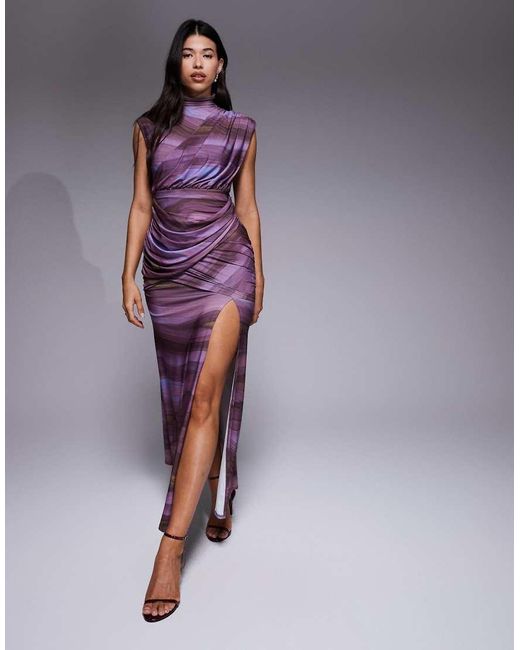 ASOS Purple Printed Maxi Dress With Drape Detail And Capped Sleeve