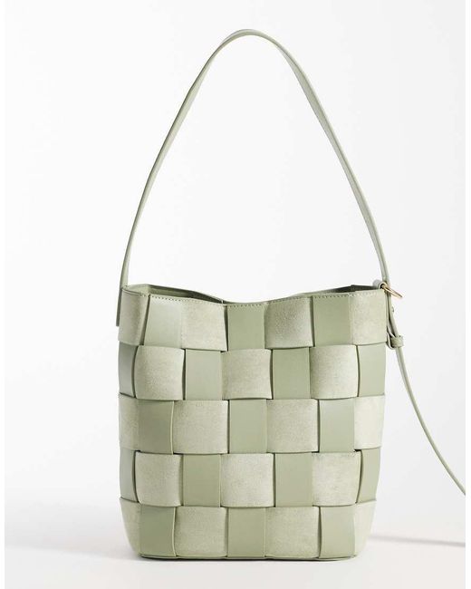 ASOS White Faux Suede And Faux Leather Weave Bucket Tote Bag