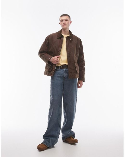 Topman Brown Wax Look Jacket With Faux Fur Collar for men