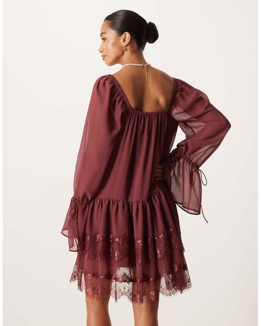 ASOS Red Asos Design Petite Long Sleeve Sweetheart Neckline Mini Dress