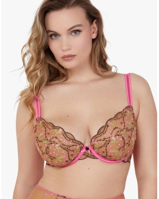 Playful Promises Brown Spank Me & Nude Embroidery Plunge Bra