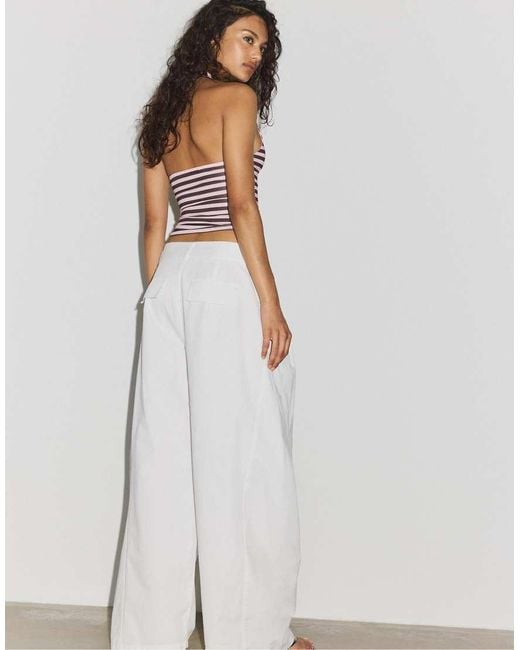 Stradivarius White 100% Cotton Barrel Trousers