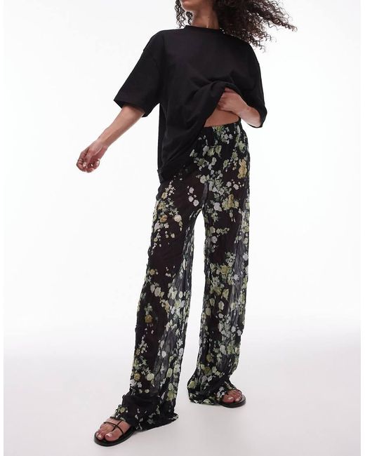 TOPSHOP Black Floral Print Sheer Crinkle Trouser