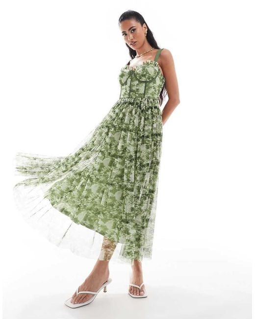 LACE & BEADS Green Corset Tulle Midi Dress