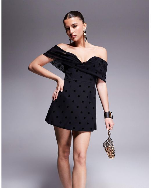 Murci Black Exclusive Polka Dot Mesh Bardot Plunge Neck Mini Dress