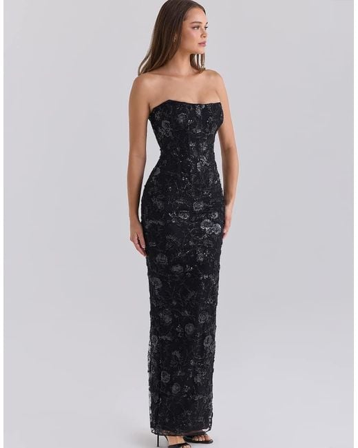 House Of Cb Blue Anisa Hand Beaded Embellished Strapless Maxi Dress