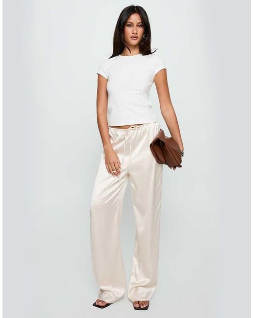 Princess Polly White Soulstar Satin Drawstring Waist Wide Leg Pants