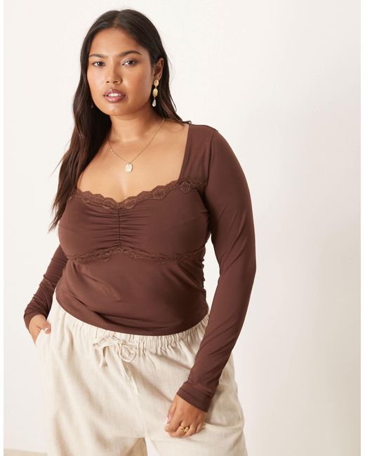 ASOS Brown Asos Design Curve Slinky Square Neck Ruched Front Long Sleeve Top With Lace