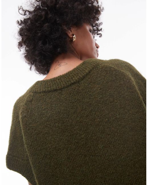 TOPSHOP Green Knitted V-neck Seam Front Off Shoulder Relaxed Vest