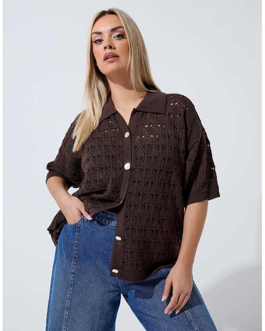 Yours Clothing Brown Button Through Crochet Shirt