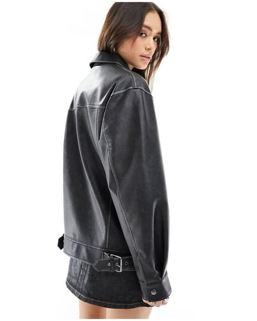 Miss Selfridge Black Washed Faux Leather Oversized Bomber Jacket
