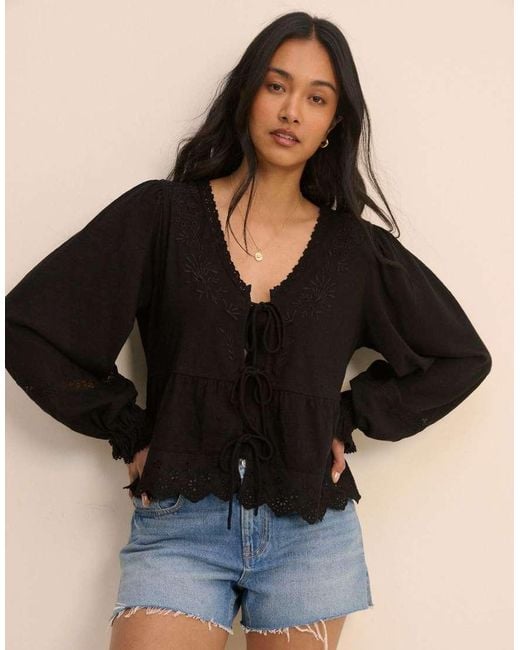 Nobody's Child Black Embroidered Tie Front Blouse