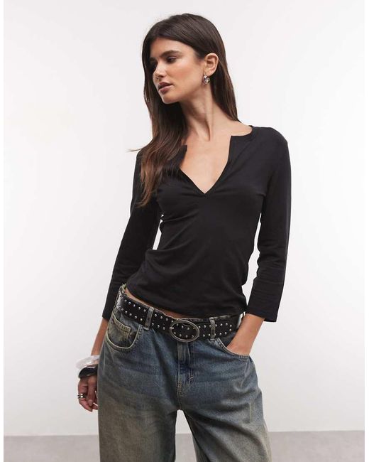 Weekday Black V-Neck Three Quarter Length Sleeve Top