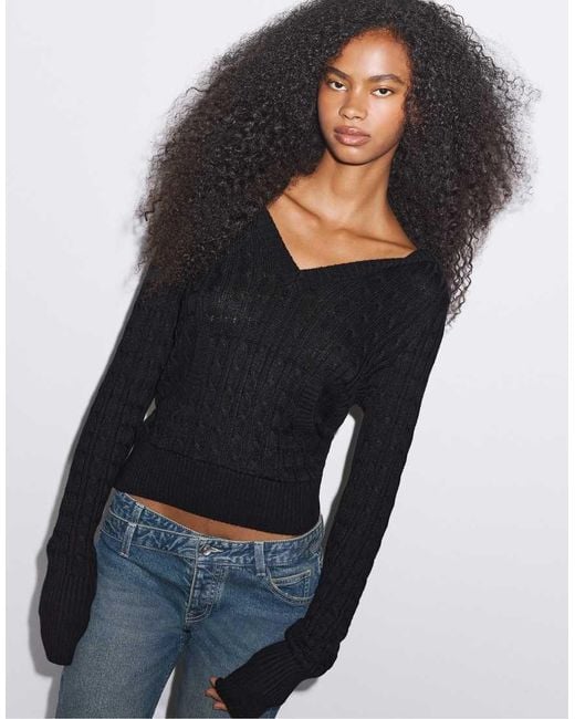 Stradivarius Blue Hooded Cable-Knit Jumper