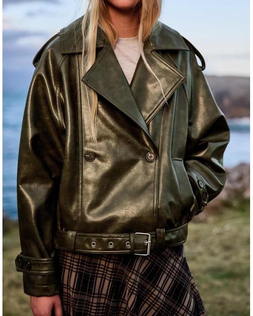 Bershka Brown Short Leather Effect Trench Jacket