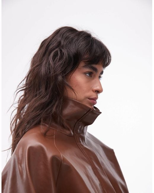ASOS Brown Gatehred Waist Bubble Pu Jacket
