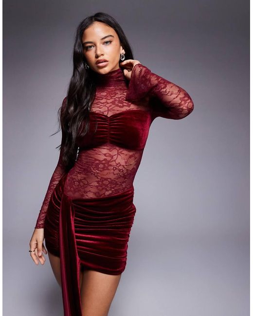 Wanderdoll Red Sasha Lace High Neck Velvet Drape Detail Mini Dress