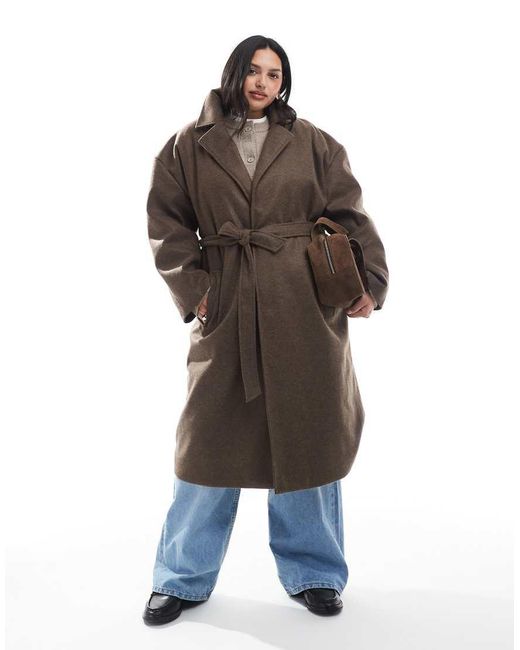 Brave Soul Brown Faux Wool Longline Belted Overcoat