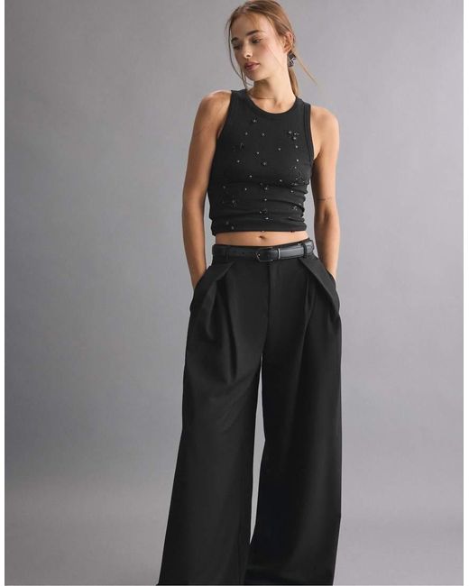 Stradivarius Black Wide-leg Trousers With Darts And Belt