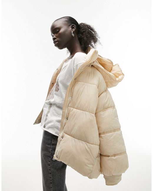 Topshop Unique Mid Length Swing Hem Hooded Puffer Jacket in Natural | Lyst