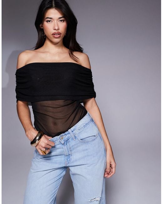 ASOS Black Mesh Fold Over Ruched Off Shoulder Top