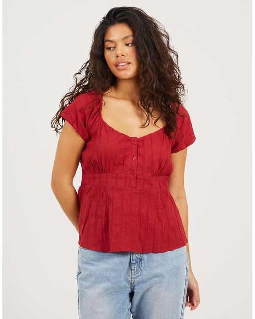 Brave Soul Red Woven Short Sleeve Button Down V-Neck Top