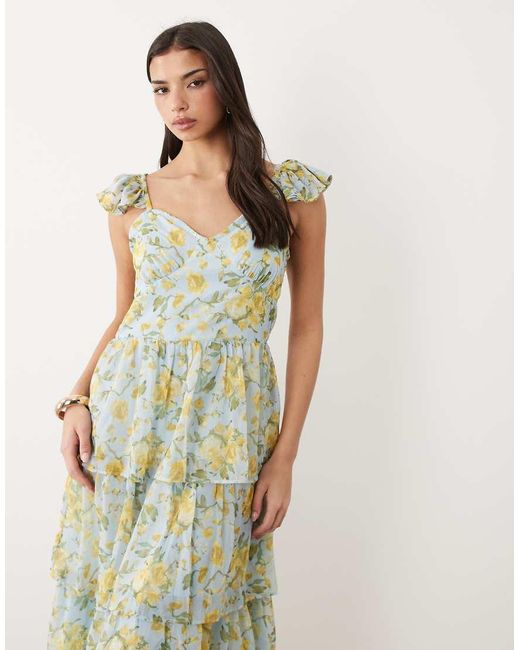 Y.A.S Green Flutter Sleeve Tiered Chiffon Maxi Dress
