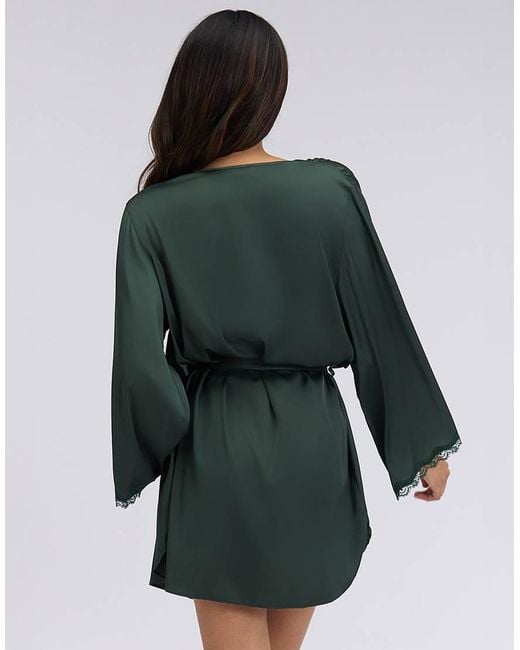 Boux Avenue Green Kaya Satin Short Robe Wide Sleeve Self Tie Belted Nightwear