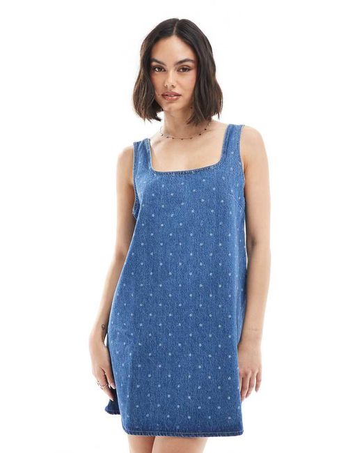ASOS Denim Mini-Jurk Met Stippenprint in het Blue