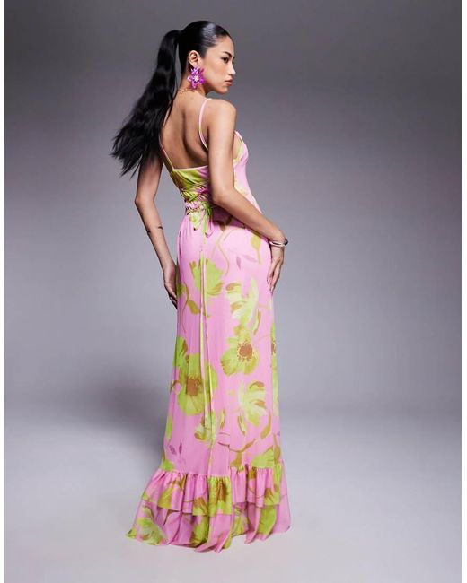 ASOS Multicolor Cami Straps Maxi Dress With Lace Up Back And Frill Details