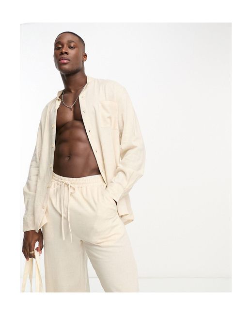 South Beach Long Sleeve Grandad Collar Linen Blend Beach Shirt in Natural  for Men | Lyst Canada