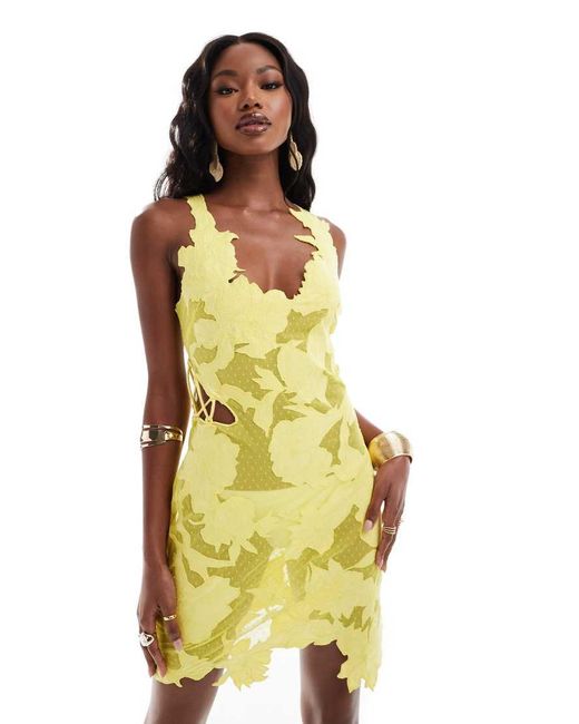 ASOS Yellow Lace Cutwork Embroidered Mini Dress